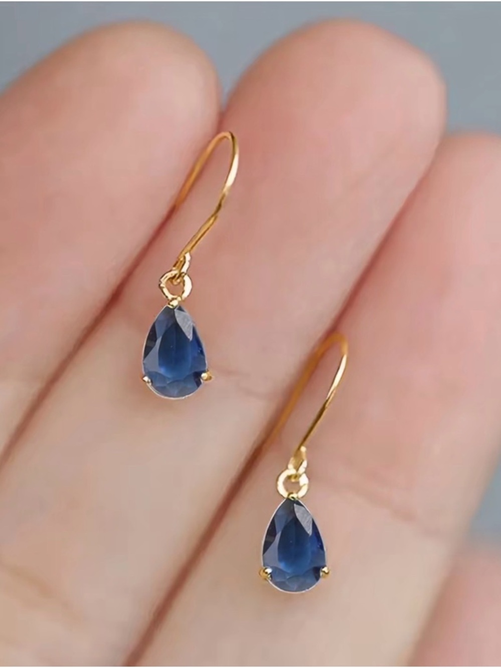 Gold Teardrop Blue Crystal Dangle Earrings